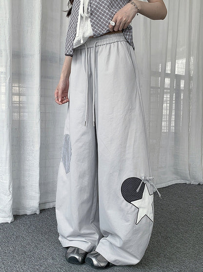 Casual Gray Curved Wide Leg Pants with Star and Heart Pattern - Solkatt