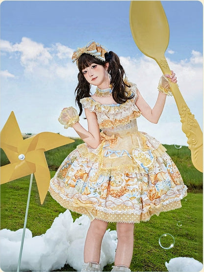 Yellow & Blue Polka Dot Bow KC with Lace Trim - Badoni B DOLLY Original Design