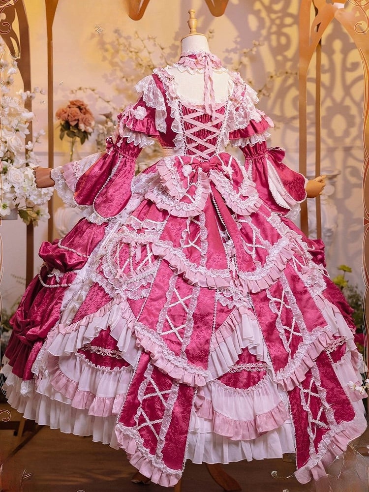 Rose Pink Hanayome Lolita Gown - Rosette Embroidery & Bead Chain Details