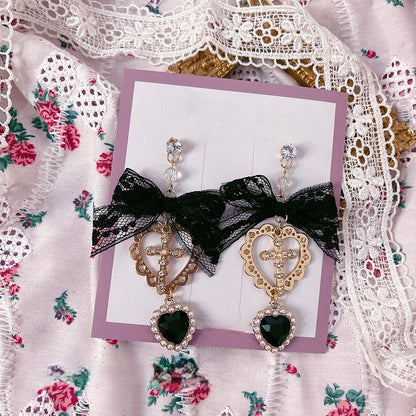 Pendant Heart 2 Bow Studs with Ear Lace Cross Options