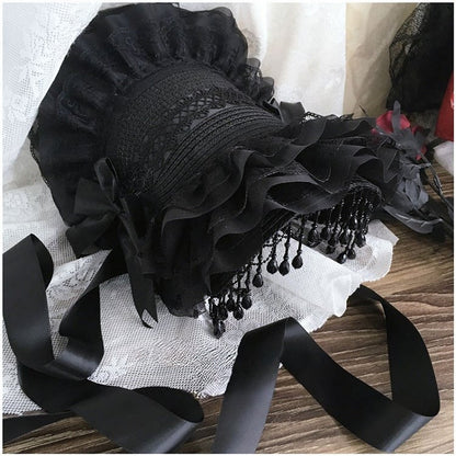 Bowknot Bonnet Gothic Lolita Beaded Lace Tassel Accents Black