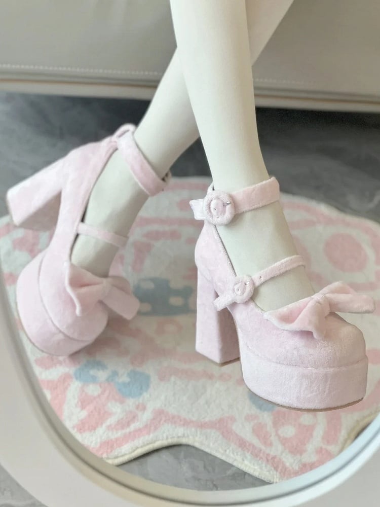 Shoes Velvet Clasp with Elegant Detachable Circle Lolita Bow Pink
