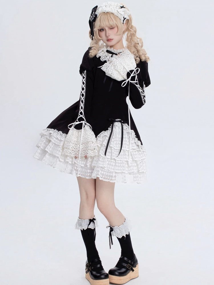 Black and White Ruff Collar Old School Lolita Long Sleeves Dress