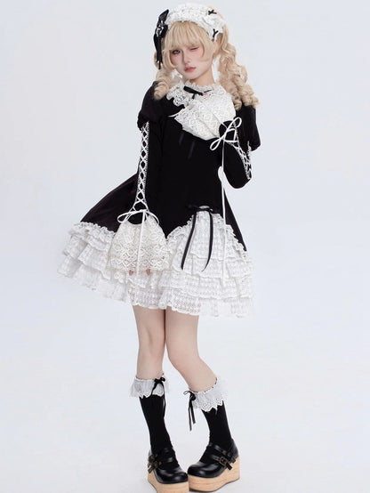 Black and White Ruff Collar Old School Lolita Long Sleeves Dress