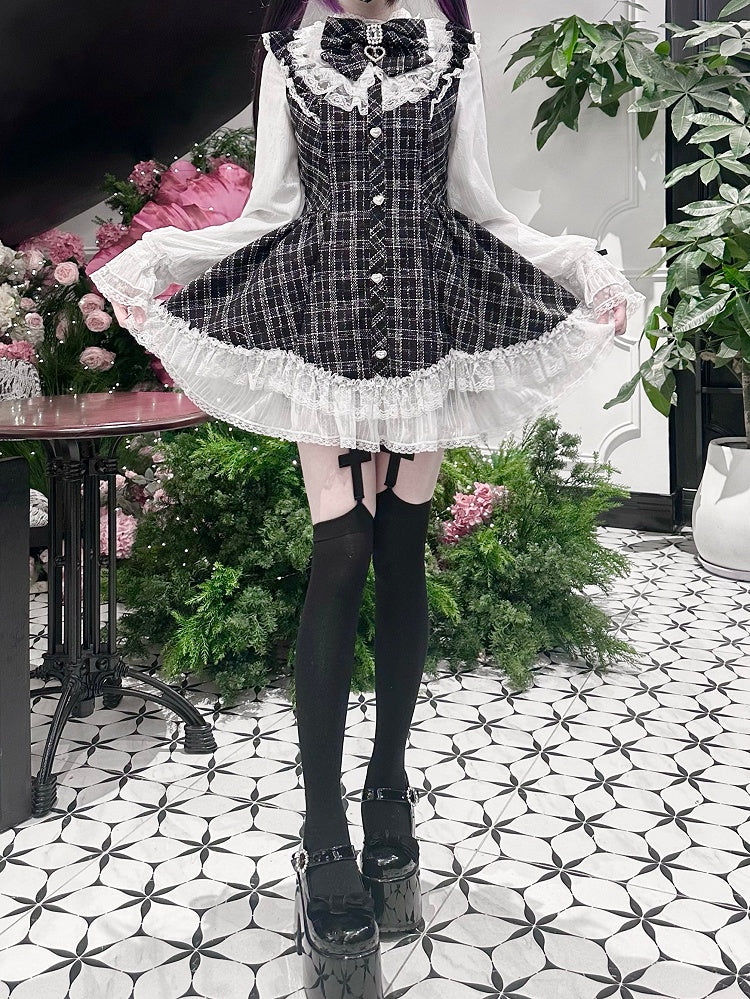 Shorts Jirai Trim Dress Matching Plaid Bow Black + Set White Rhinestone Kei Lace Long Sleeve