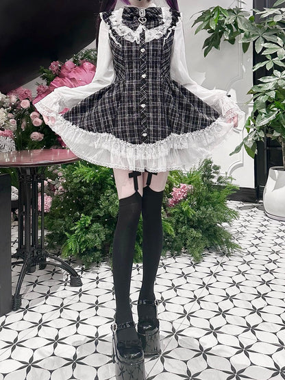Shorts Jirai Trim Dress Matching Plaid Bow Black + Set White Rhinestone Kei Lace Long Sleeve