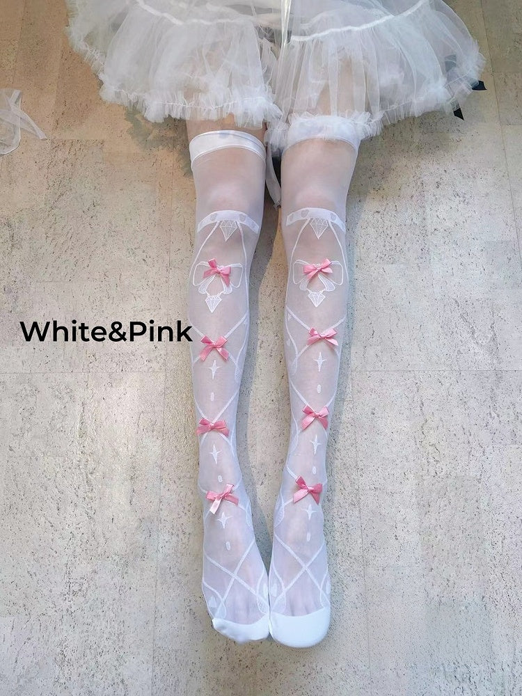 Bowknot Details Crisscorss Banded Print Lolita Over Knee Stockings