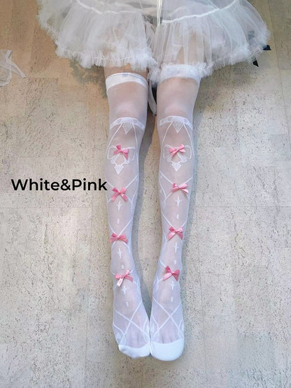 Bowknot Details Crisscorss Banded Print Lolita Over Knee Stockings