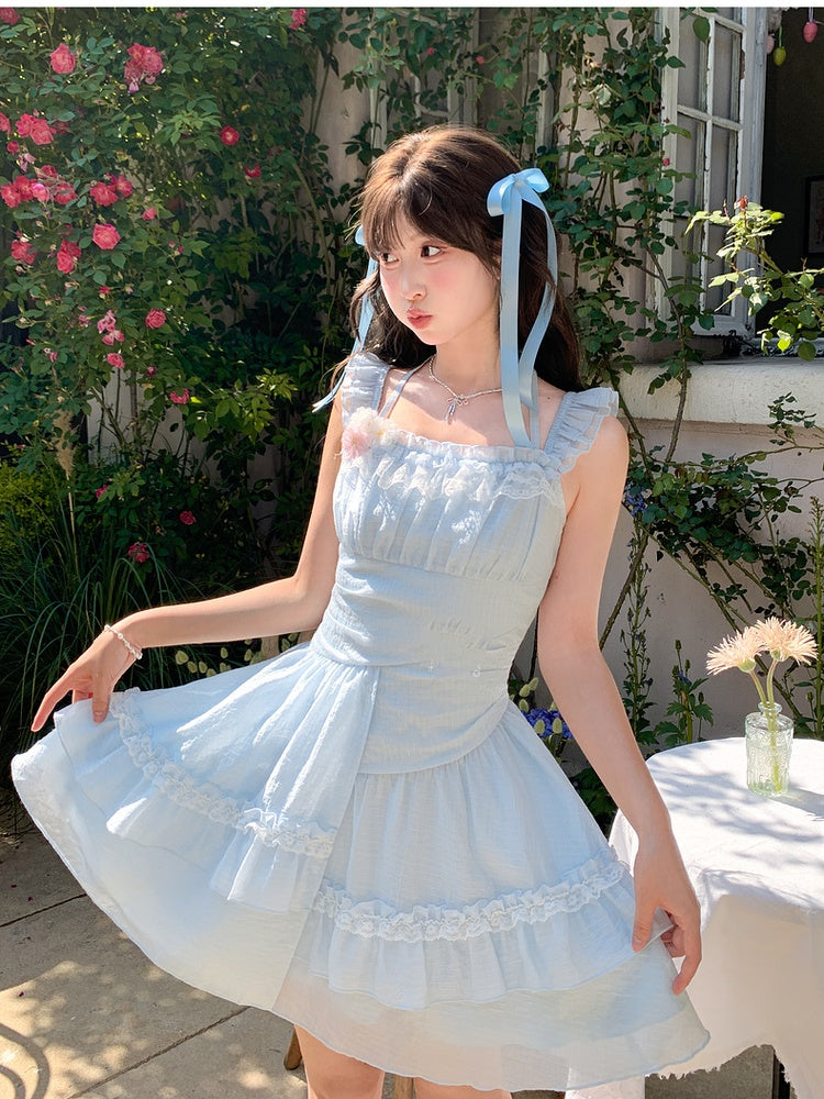 Sleeves Light Blue Flutter Dress Skirt Asymmetrical Chiffon Halter Neck Tiered
