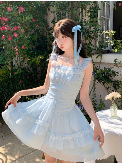 Ärmel Hellblau Flatterkleid Rock Asymmetrisch Chiffon Neckholder Stufen