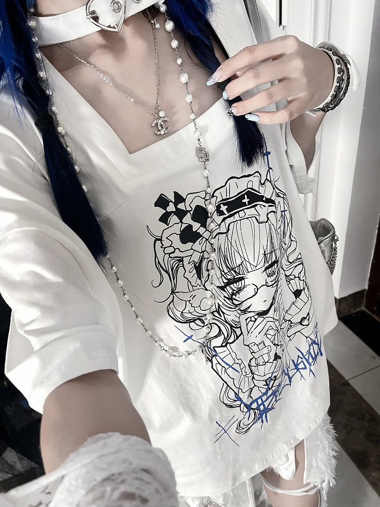 Back Square Neck Print Gothic Lace-UpAnime Sleeve White Topwith Short