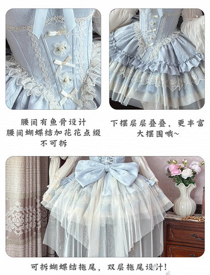Blaues großes bauschiges Kleid Hime Lolita Balletcore Schleife Stoffschleppe JSK entbeint Baskentaille Jacquard mit