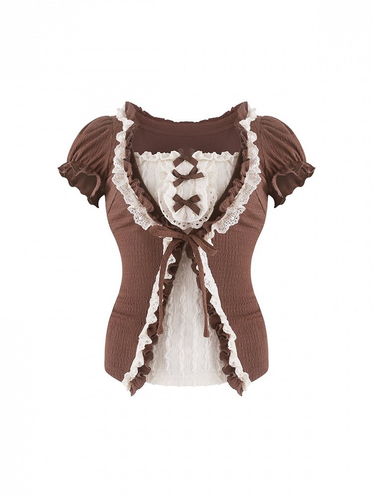 Coffee Puff-Sleeve Top with Lace and Ruffles - serendipity