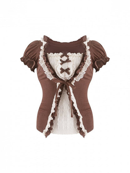 Coffee Puff-Sleeve Top with Lace and Ruffles - serendipity