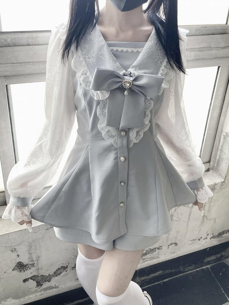 Light Mini Fresh Set: Kei Bow Blue Mesh-Sleeve Shorts Jirai and with Sailor Dress Detachable