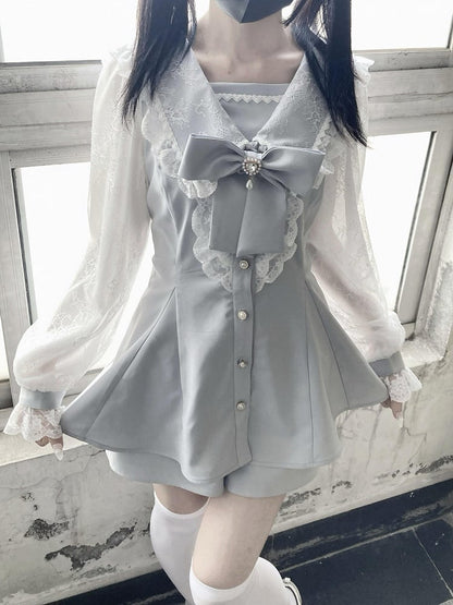 Light Mini Fresh Set: Kei Bow Blue Mesh-Sleeve Shorts Jirai and with Sailor Dress Detachable