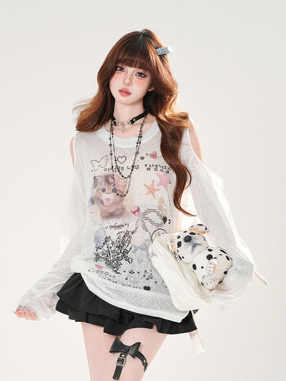 カットアウトセミシースルーショルダーキュートカバーアップブルー/ホワイトキティプリント