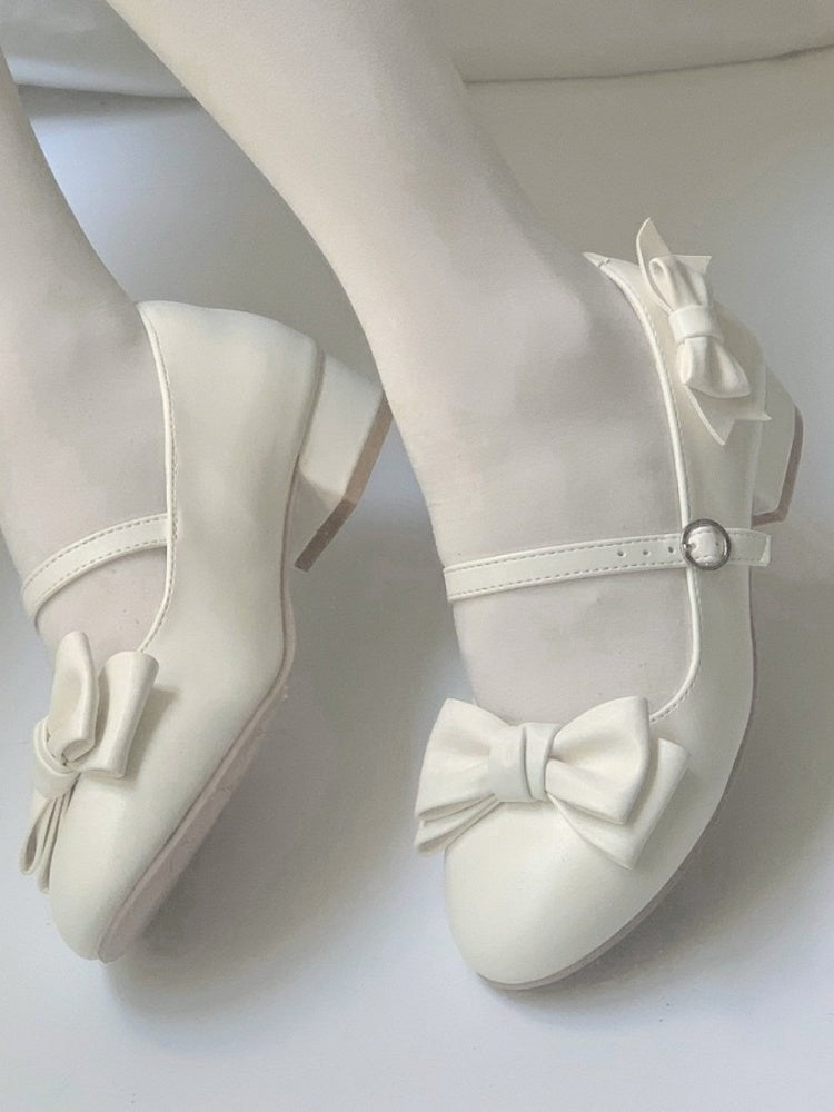 White Bowknot Lolita Shoes with Buckle Strap - Unmissable Berry