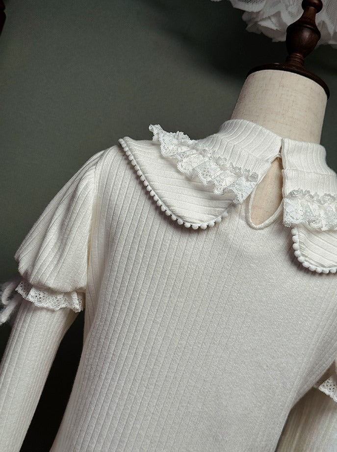 Pom-poms with White Top and Bows Knitted Long Sleeves