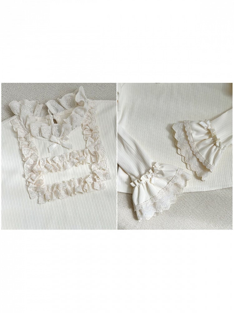 Beige Puff Sleeve Lolita Knit Top with Lace Trim Detail - With PUJI
