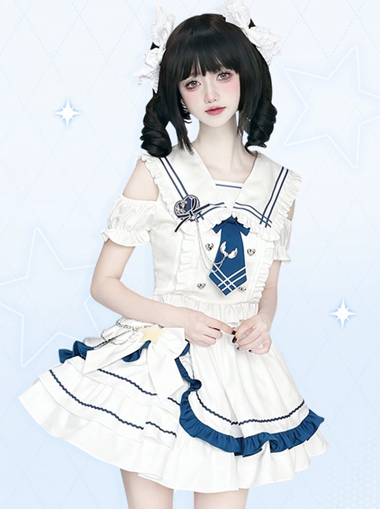 with Tiered Sailor Collar Cutout Shoulder Top Skirt White and