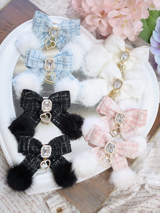 Charm Kei Clip with Heart Tweed Pom-pom Hair Bow Colors 4 Jirai