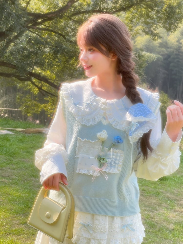 Yume Kawaii Floral Embellished Lace Patches Blue Knitted Vest