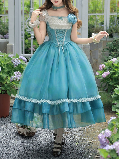 Teal Flutter-Sleeve JSK Dress with Lace-Up Back and Tiered Skirt - With PUJI