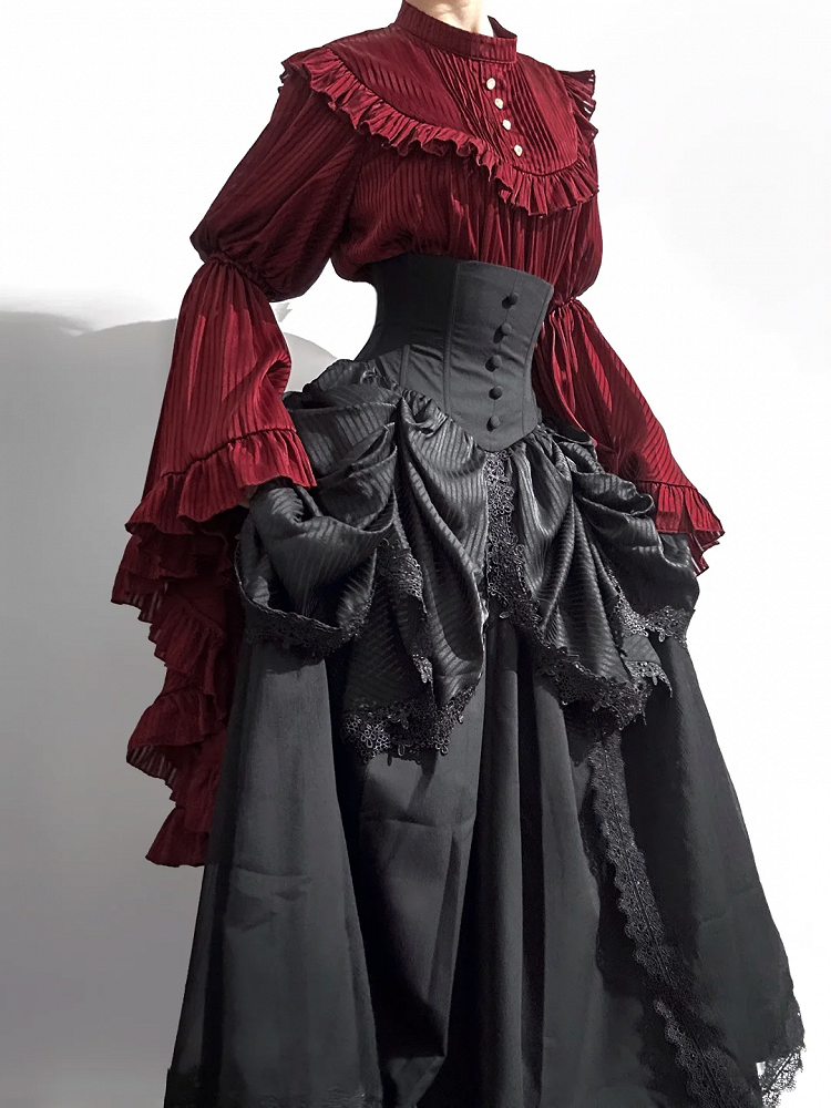 Striped Bell Fabric Gothic Blouse Sleeves Red Flounce