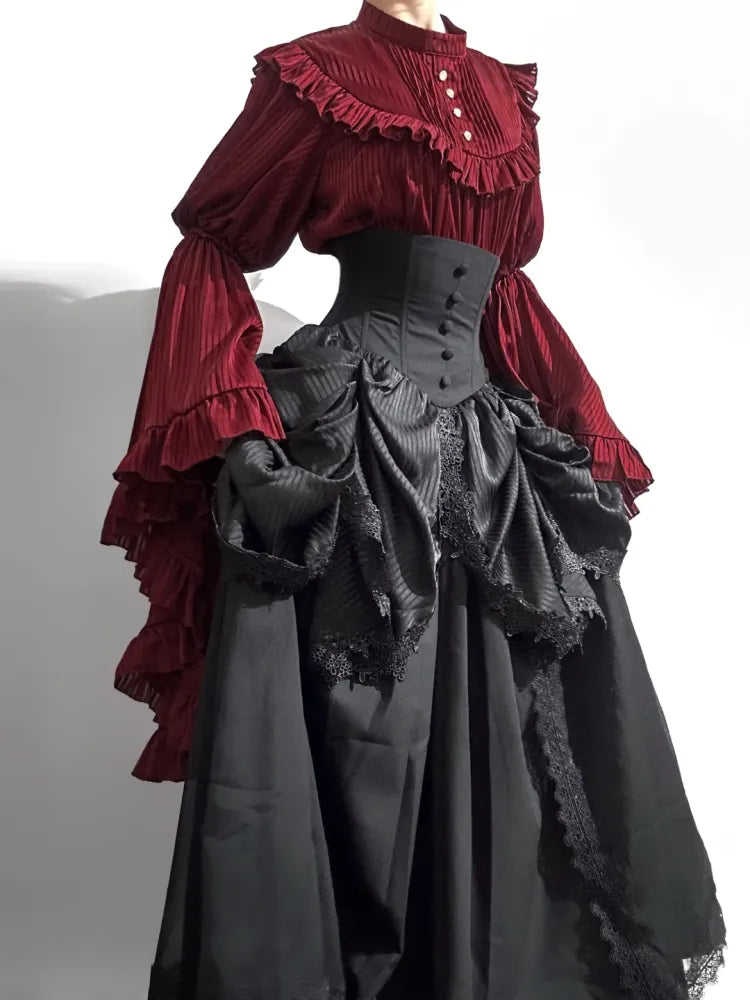 Striped Fabric Flounce Gothic Blouse Red Bell Sleeves