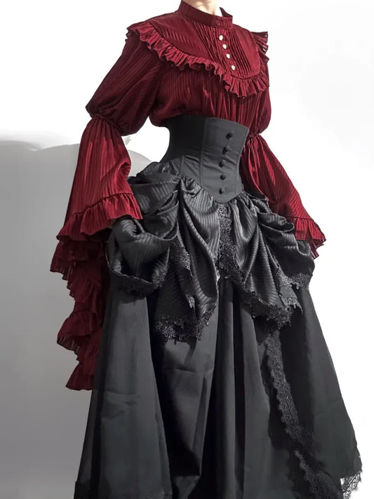 Striped Fabric Flounce Gothic Blouse Red Bell Sleeves