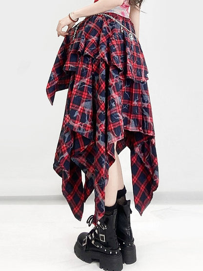Y2K Hem BlackRed Plaid Pattern Skirt Handkerchief