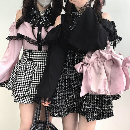 Kei Plaid Skirt with Double-Layer Black Bow Jirai Decoration Tweed High-Waisted