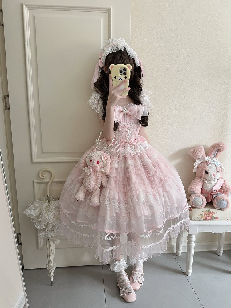 Lolita Multi-Layer Sweet Lace with Pink Details JSK Bows Rhinestone Dress Hanayome-Style