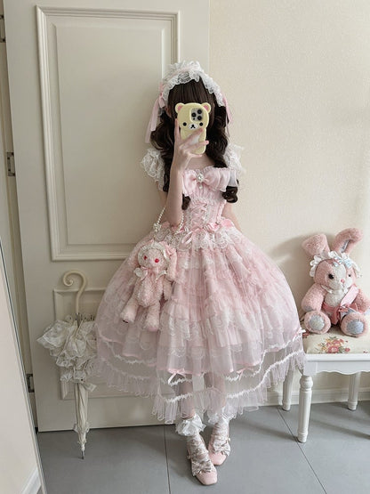 Lolita Multi-Layer Sweet Lace with Pink Details JSK Bows Rhinestone Dress Hanayome-Style