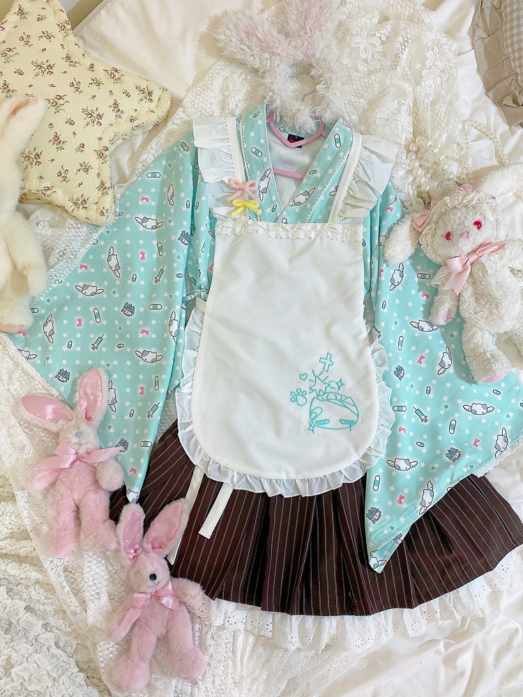 Wrap Set: 3-Piece Top Kimono Green Style Mint Maid-Inspired