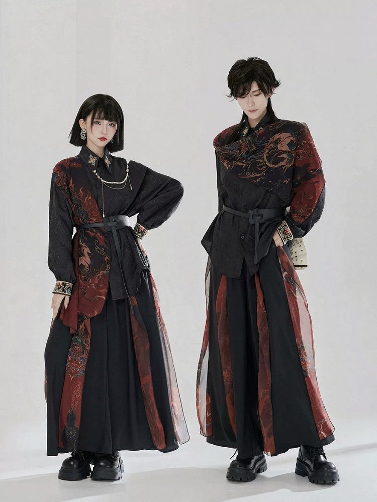 Set Pants BlackRed Pendant + Chain Shirt Embroidered Chinese-style Hanfu Waist