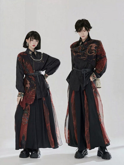 Set Pants BlackRed Pendant + Chain Shirt Embroidered Chinese-style Hanfu Waist