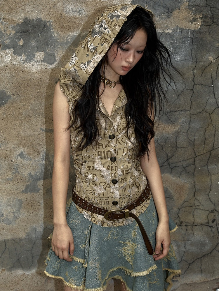 Buchstaben Khaki Top Denim Taschentuch Rock Punk Kapuzenkleid