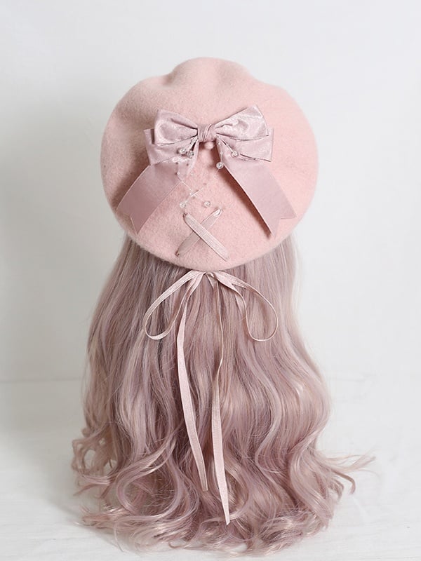 Lolita Beret Ribbon Pink 4-Color Sweet Bowknot Optional With