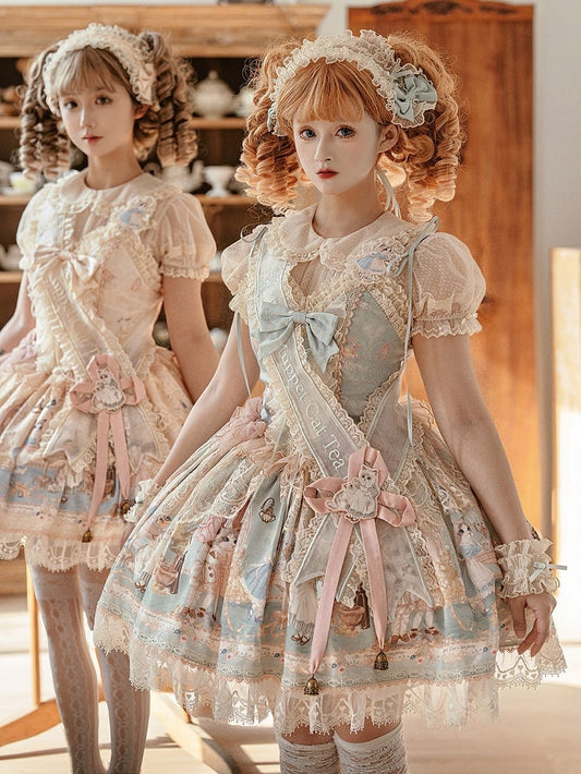 Lolita Süße Set Mieder Grün Print Minty Kitty Tee JSK Kleid Korsett Party Volle