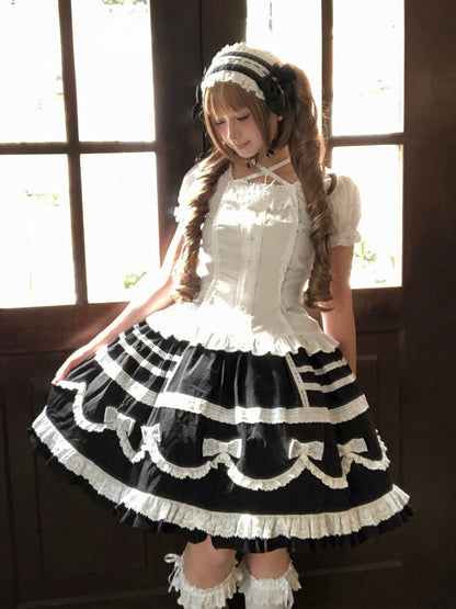 Black & White Bow Lace-Trimmed Skirt - Hana Studio