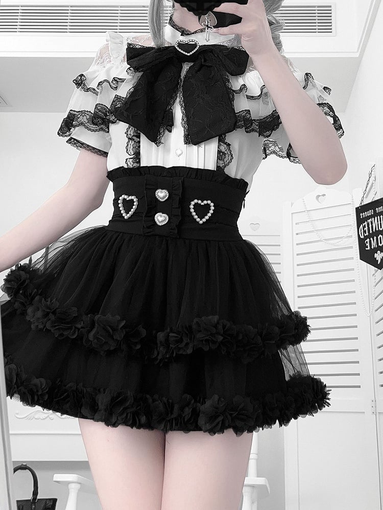 Sleeves Blouse Illusion Neckline White Short Contrast Black Lace with Jirai Kei Trim