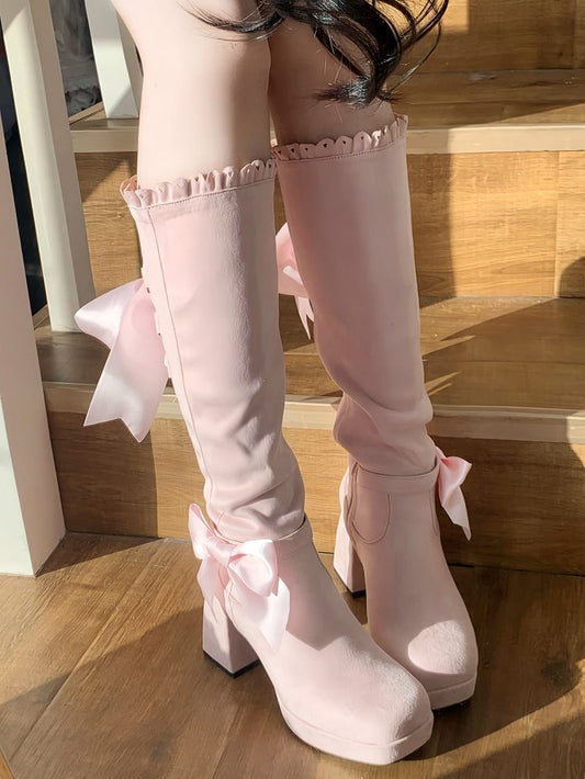 Boots 9cm Knee-high Elegant Zip Lace-up Lolita Closure Inner Ornamental Pink - Heeled Back