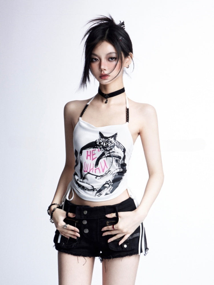 ブラック/ホワイトのトップスウエストにグラマラスなドローストリング、キャットグラフィティプリント、ホルターネック