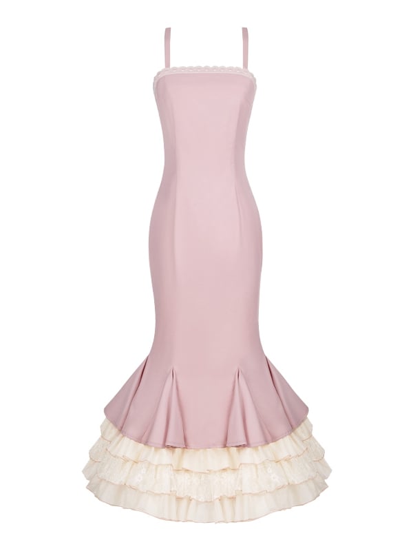 エレガントな3層のピンクの裾のマーメイドスリップドレスフリル