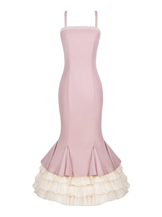 エレガントな3層のピンクの裾のマーメイドスリップドレスフリル