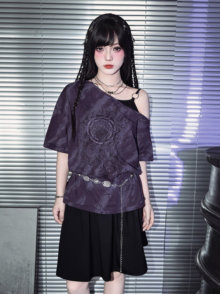 Gothic Purple Faux Two-Piece Off-Shoulder Tee with Sea Lily Print - Quirky Hut