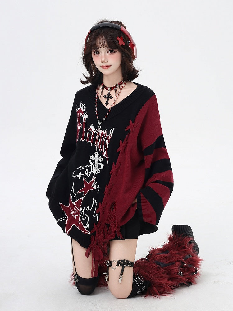 in V-Neck Sweater with Colorblock / Hem Detail and Blue Lace-Up Black Red Distressed