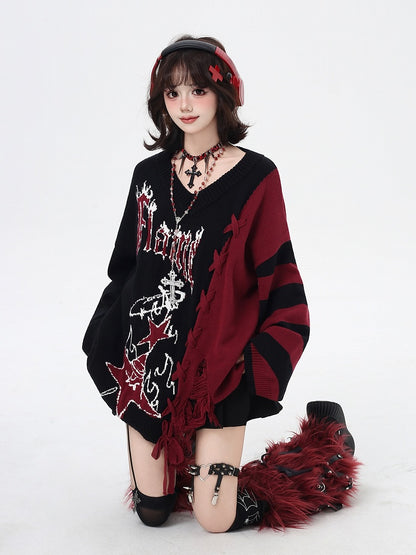 in V-Neck Sweater with Colorblock / Hem Detail and Blue Lace-Up Black Red Distressed